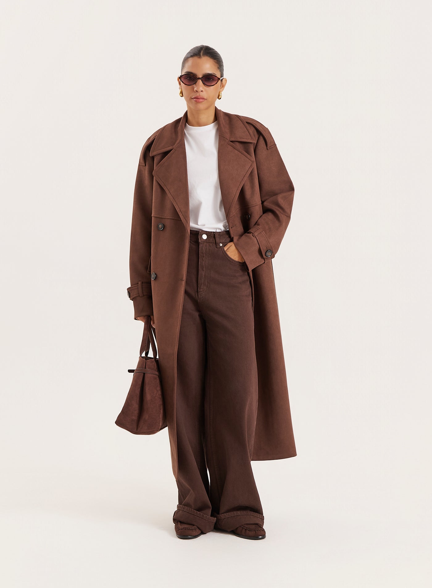 Brown Faux Suede Belted Longline Trench Coat